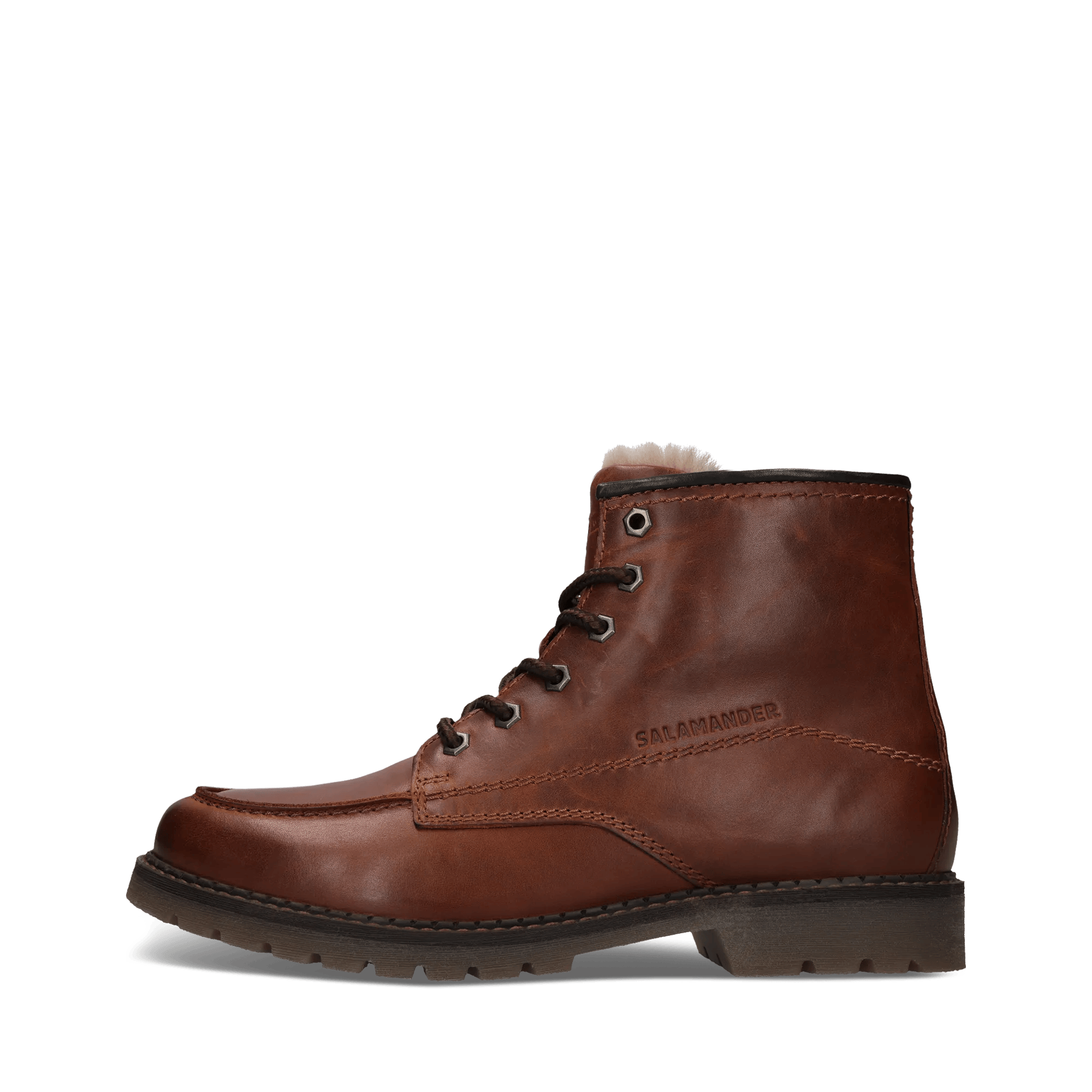Cognacbraune Schnürstiefel aus Leder mit Lammfellfutter